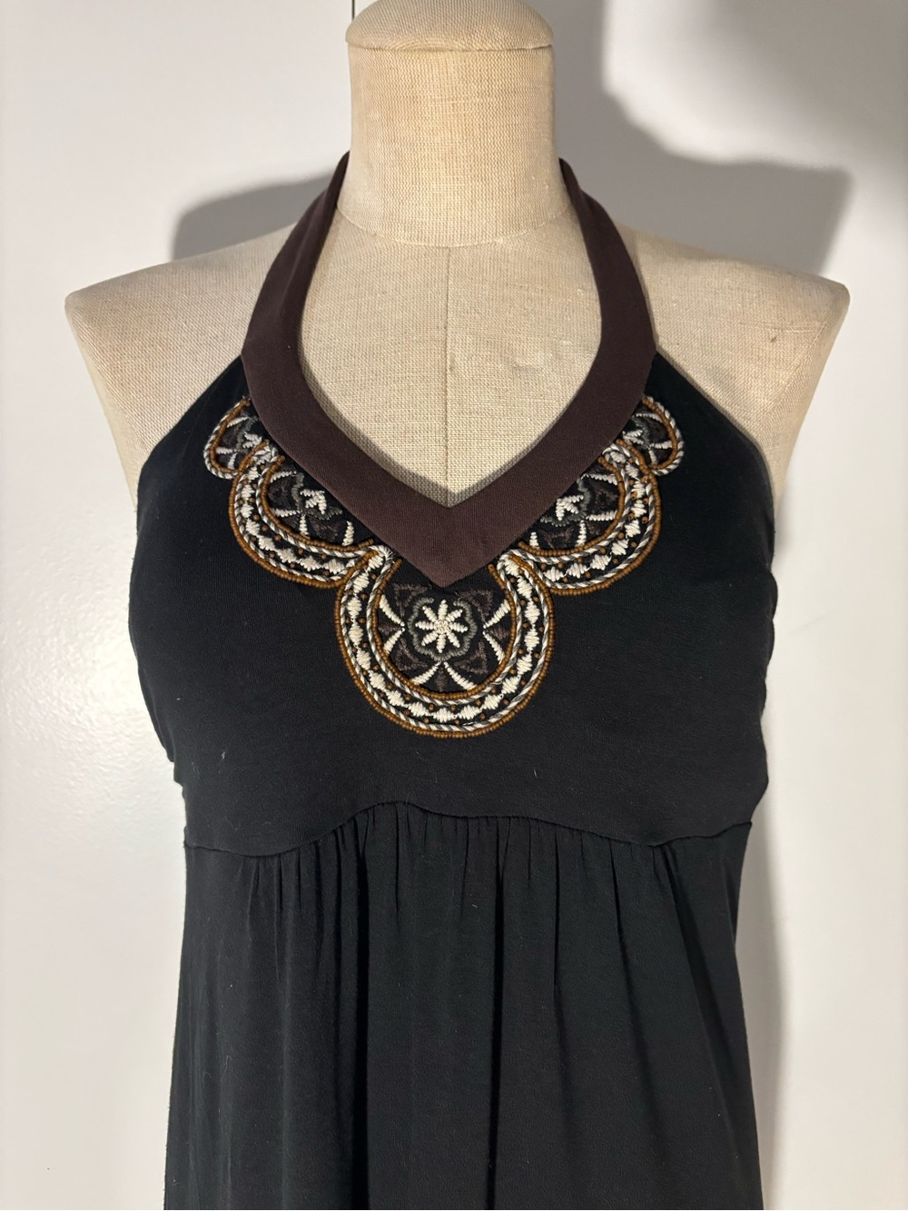 Tommy Bahama Black Halter Dress with Gold and White Embroidered Necklace Detail